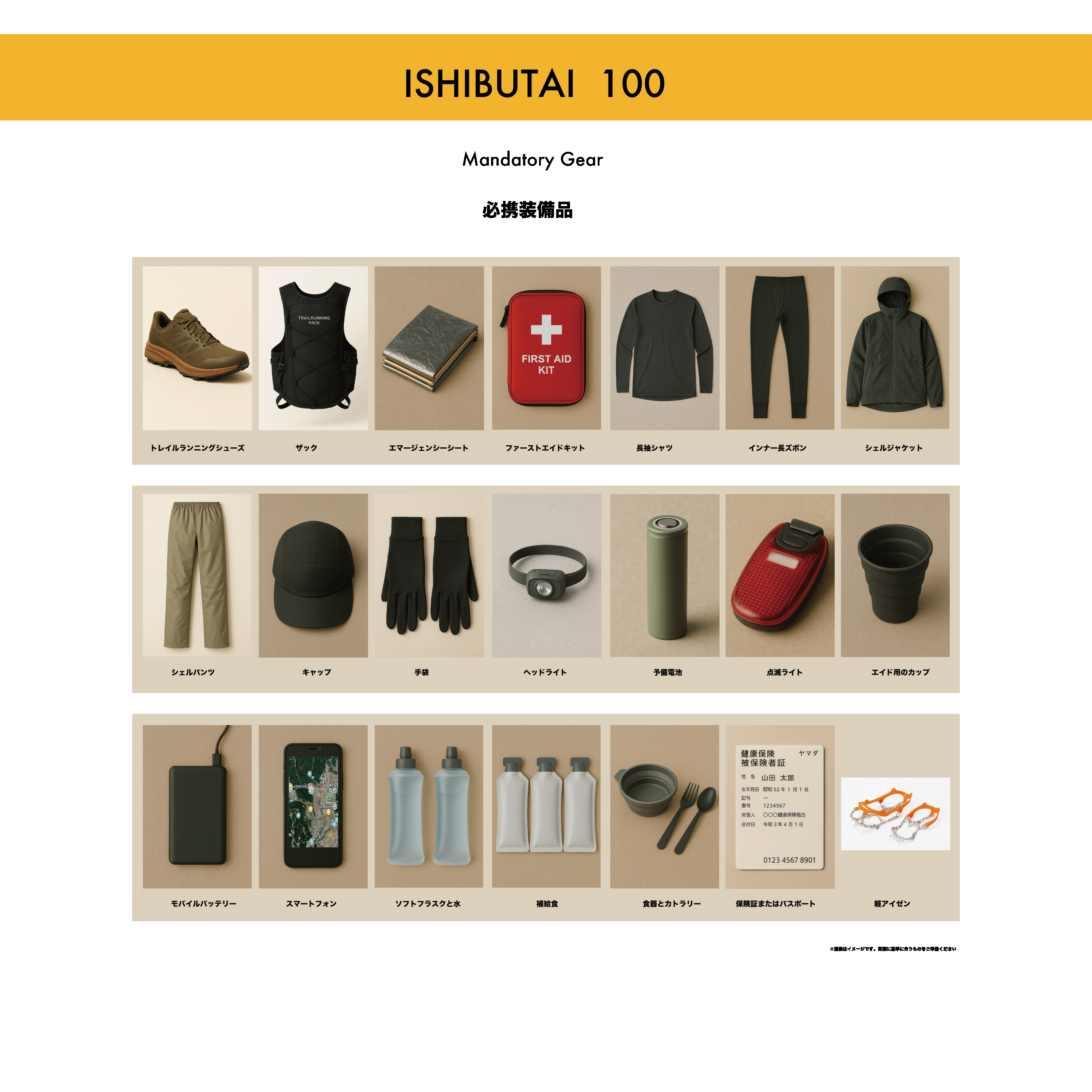 KYOTO GREAT ROUND 130K 必携装備品（シューズ、ザック、レインウェア、ライト、補給食など）