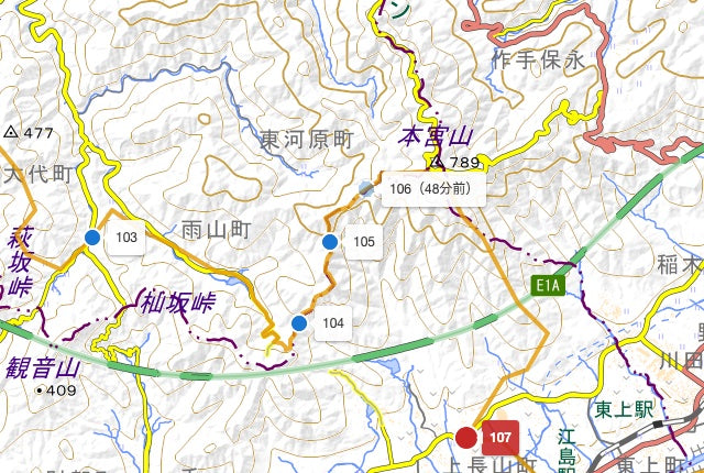 管理画面の全員マップ：連絡が途切れた選手の最後の位置（48分前）が薄く残っている